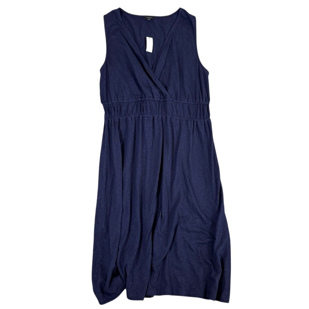 NWT Talbots Navy Blue Cotton Smocked Empire Waist V-Neck Sleeveless Midi Dress L
